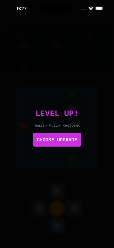 Level up screen in Grid Roguelite with a choose upgrade button