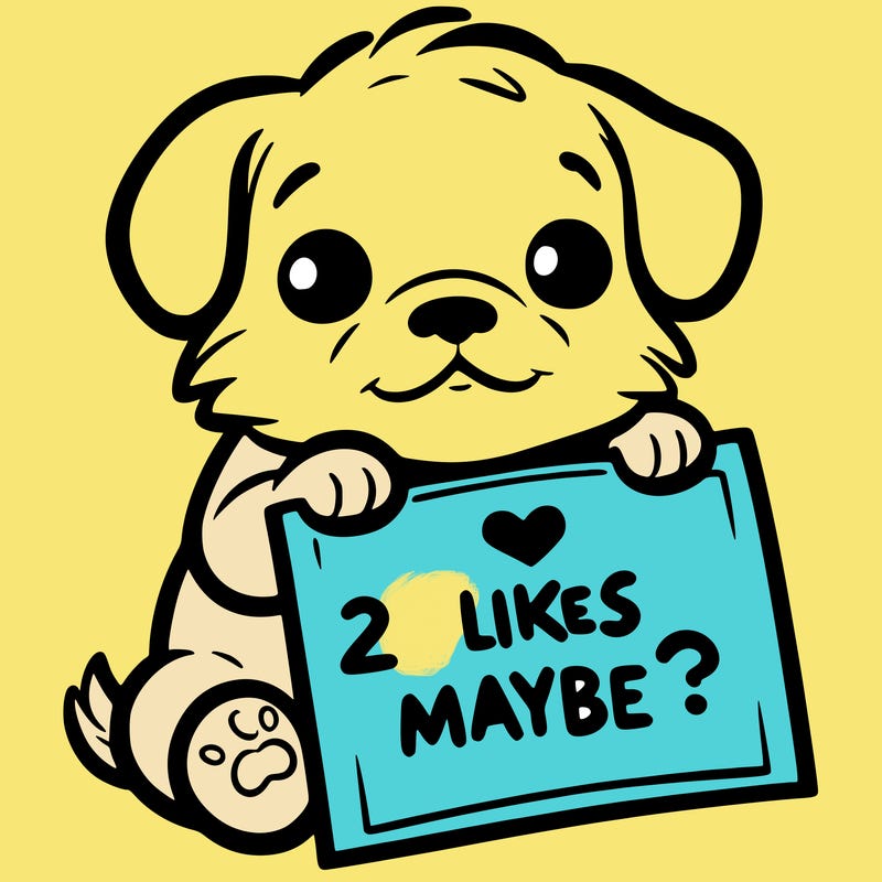 a puppy holding a sign that says 2 likes maybe?