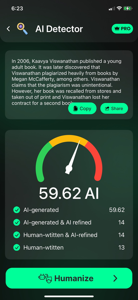 AI Detector app dashboard showing a text analysis score of 59.62 percent with a humanize content button.