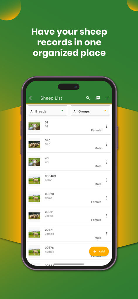 My Sheep Manager - Farming app - My Sheep Manager mobile app displaying a digital list of sheep with individual records and photos