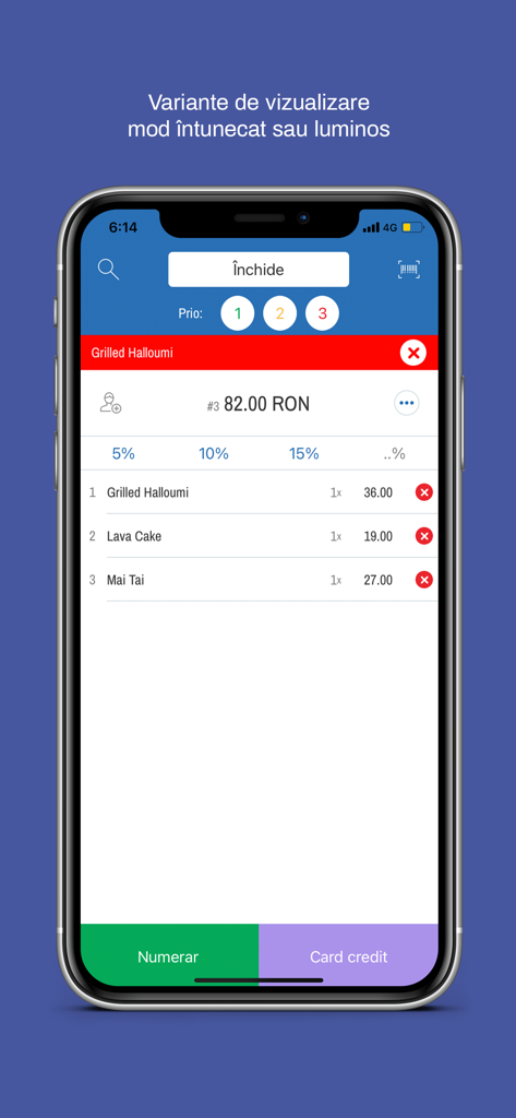 Ebriza POS - Mobile interface of Ebriza POS showing a restaurant order with payment options for cash and credit card