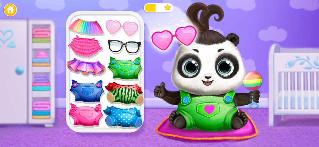Bebé panda Lu siendo vestido con atuendos coloridos y gafas de sol con forma de corazón