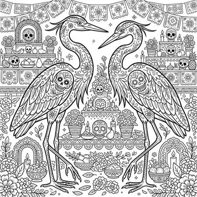 Discover an enchanting Day of the Dead coloring page featuring elegant herons beautifully adorned with sugar skull motifs. Immerse yourself in a vibrant festive scene filled with intricate altars and traditional marigold patterns, perfect for a unique creative experience.