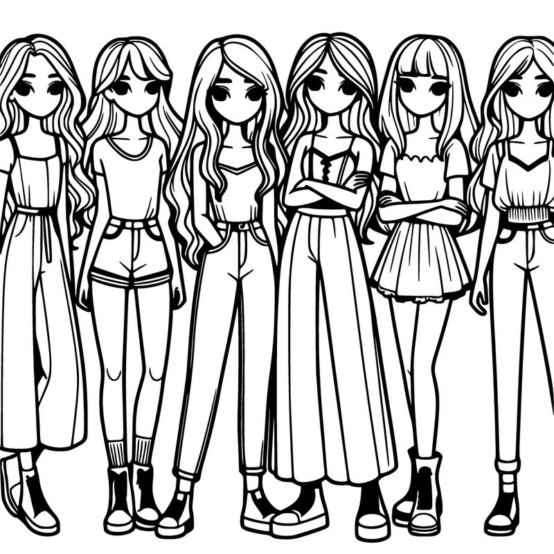 a group of 6 girls standing together one 4 with long hair one with a bob and one with hair that isn't too long they all have white hair