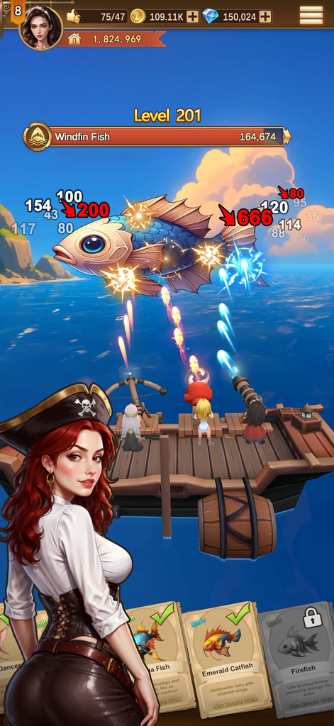 A female pirate hero leads a naval combat mission against a giant Windfin Fish in Tavern Legend