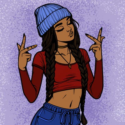 realistic teenage girl with braids and a beanie and crop top doing 🫶🏼