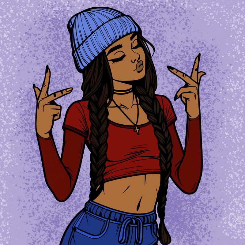 realistic teenage girl with braids and a beanie and crop top doing 🫶🏼
