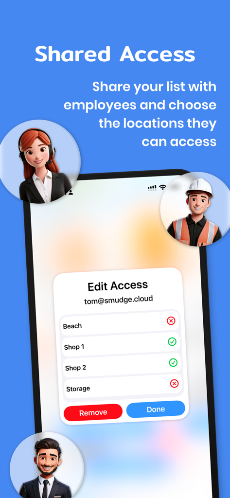 Interface of the Stock Control app showing how to manage employee permissions and access to different inventory locations