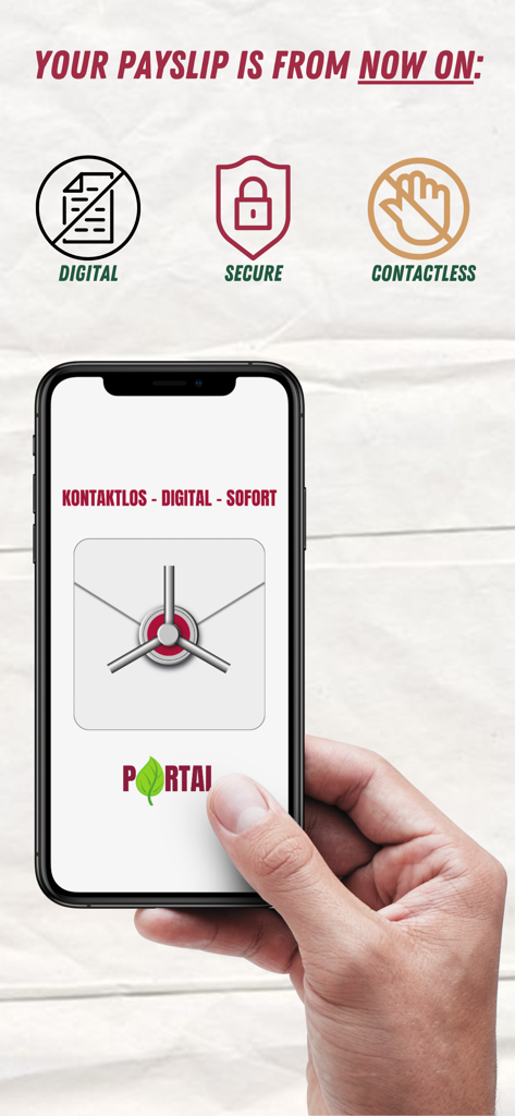 ProForma PORTAL 2 - Eine Hand hält ein Smartphone mit der ProForma PORTAL 2 App-Oberfläche für digitale und sichere Gehaltsabrechnungsdokumente.