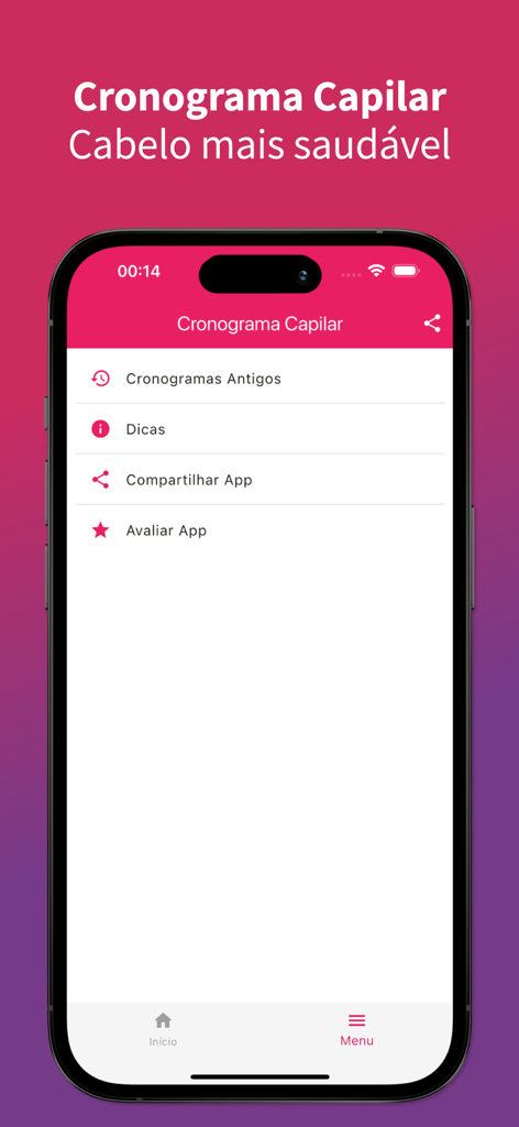 Cronograma Capilar Fácil - Tela do menu do aplicativo Cronograma Capilar Fácil mostrando opções para dicas de cuidados com o cabelo e histórico de cronogramas em um iPhone.