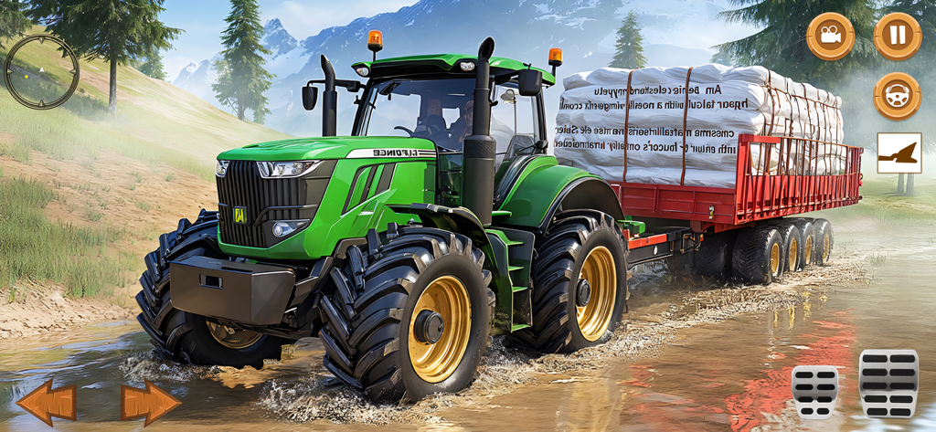 Real Farming Tractor 3D - Un tractor verde conduciendo por un camino embarrado con un remolque de carga en un juego de simulación 3D.