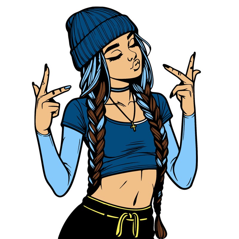 realistic teenage girl with braids and a beanie and crop top doing 🫶🏼