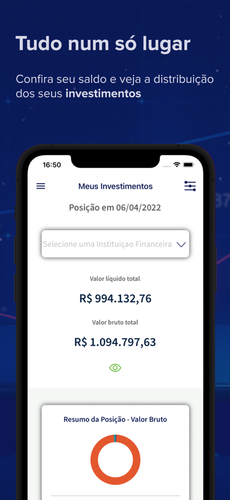 Tesouro Direto mobile app screen showing the investment portfolio dashboard with total balance and asset distribution chart
