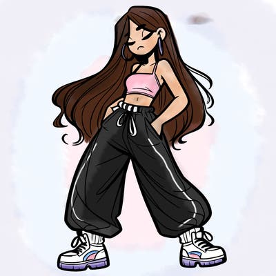 girl in baggy pants crop top and long hair