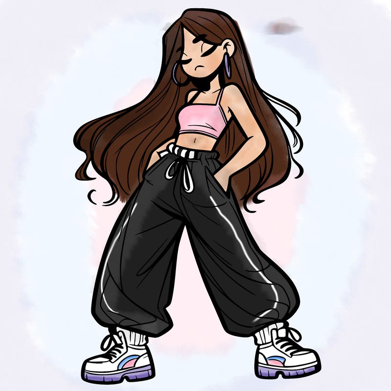 girl in baggy pants crop top and long hair