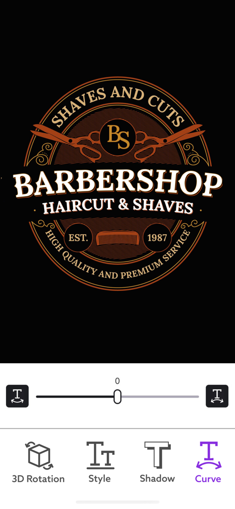 AI Logo Maker + Logo Generator - Mobile interface of Logowiz app showing a vintage barbershop logo design with text editing tools like 3D rotation and curve