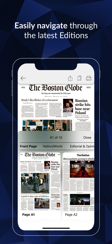 The Boston Globe ePaper mobile app interface for navigating between digital newspaper editions.