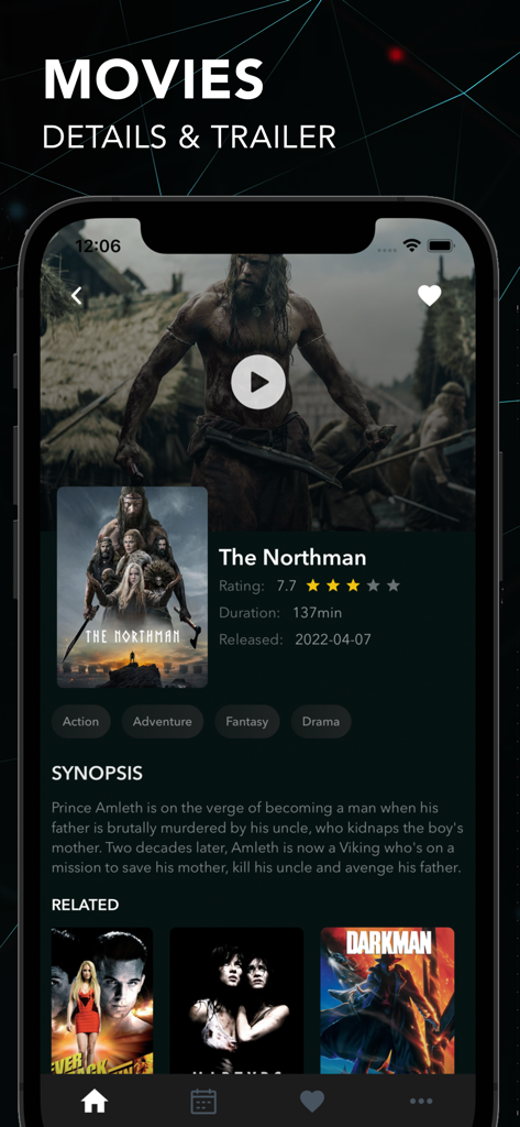 Play Diary : Movies Cinema - Movie details page for The Northman in the Play Diary app showing rating and synopsis