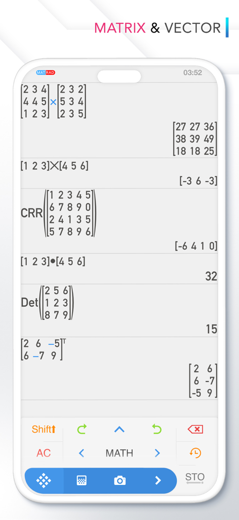 Calculator ∞ - Pantalla de la aplicación de calculadora que muestra multiplicación de matrices y operaciones vectoriales