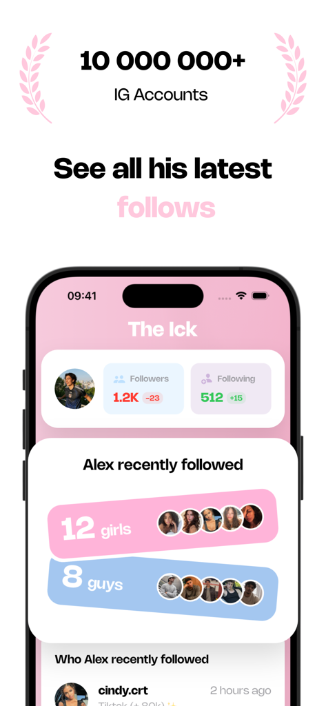 App interface of The Ick showing recent Instagram follows categorized by gender for a tracked user