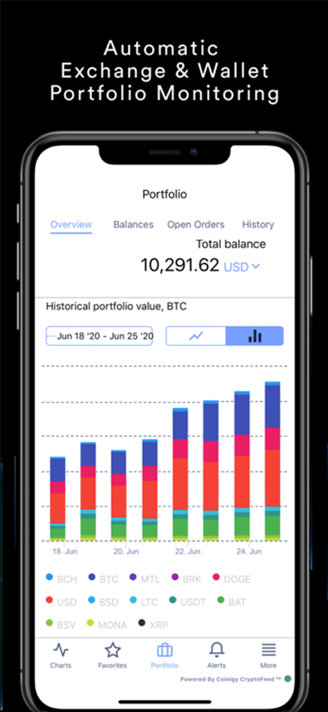 Coinigy mobile app interface showing automatic exchange and wallet portfolio monitoring with a historical value bar chart