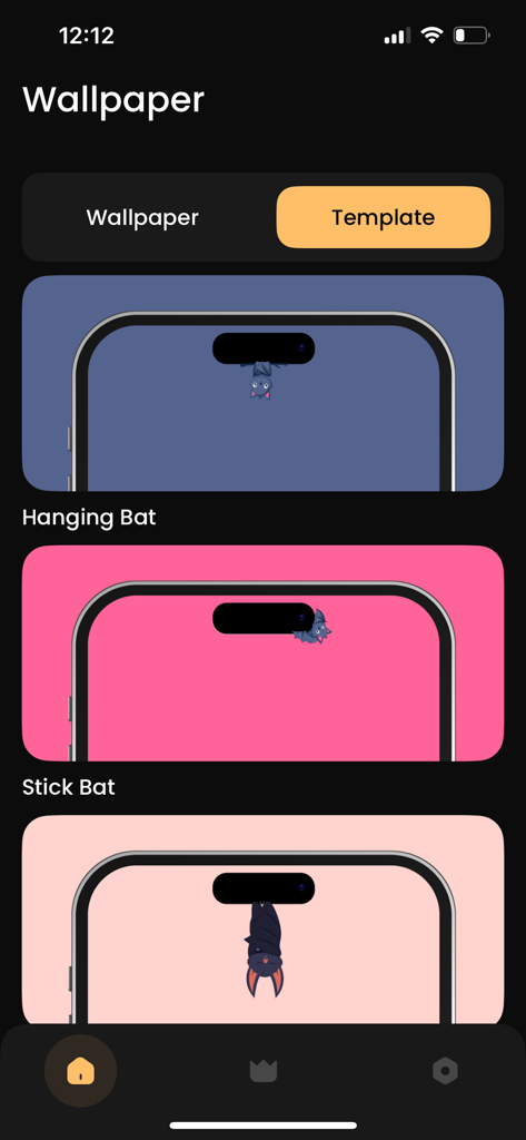 iPhone Dynamic Island用のキュートなコウモリの壁紙テンプレートを示すilandアプリインターフェイス。