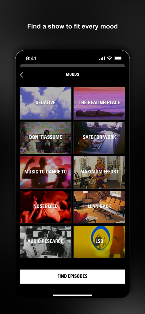NTS Radio app screen showing a grid of curated music moods like Sedative and Safe for Work for music discovery