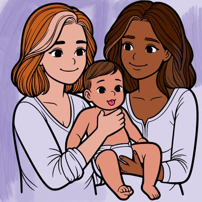 two realistic women holding one baby together