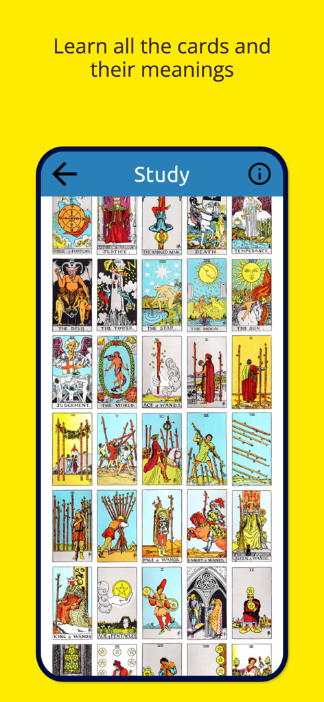 My Tarot Deck - Una visualizzazione a griglia delle classiche carte dei tarocchi Rider Waite del 1909 nella sezione studio dell'app