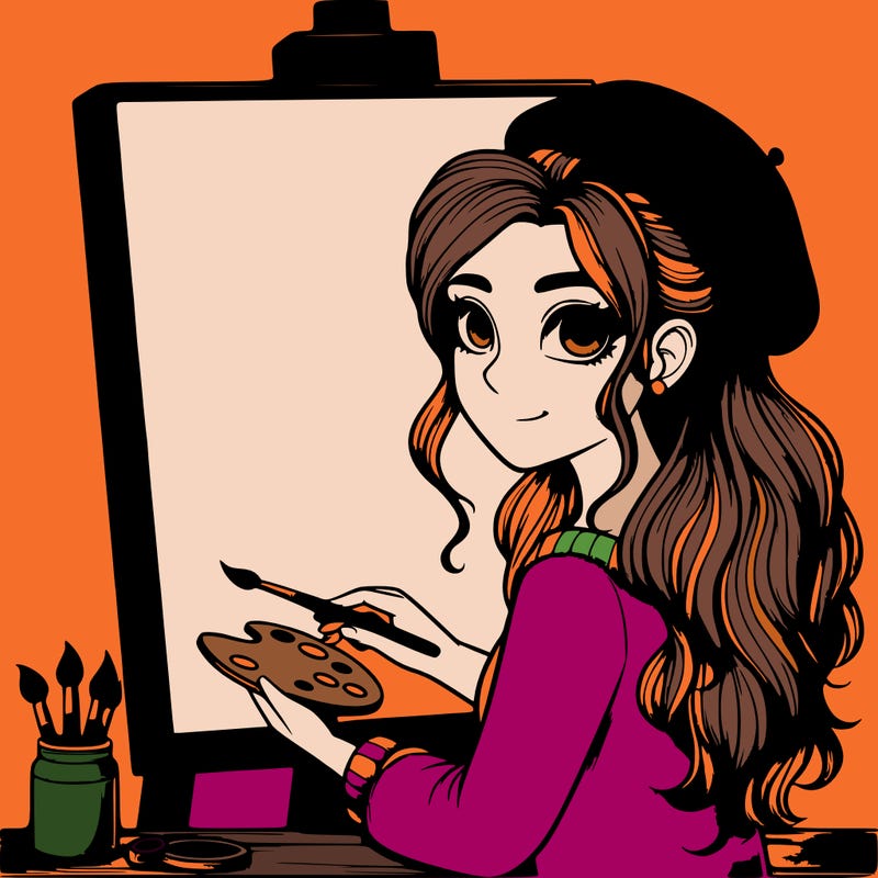 realistic girl artist painting a blank canvas
