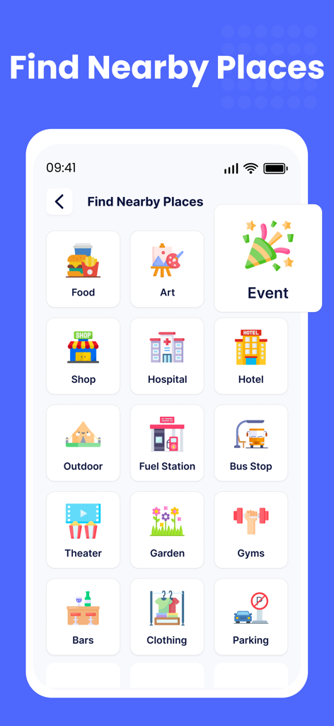 Street View - Live 3D GPS Map - Mobile app screen showing various categories to find nearby places like food art events shops and hotels