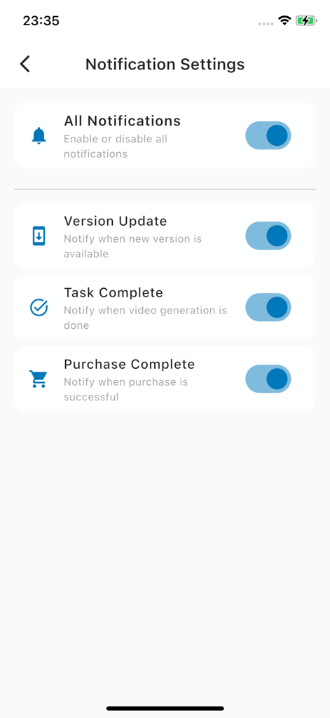AImagica app notification settings screen with toggle switches for alerts like version updates and completed tasks
