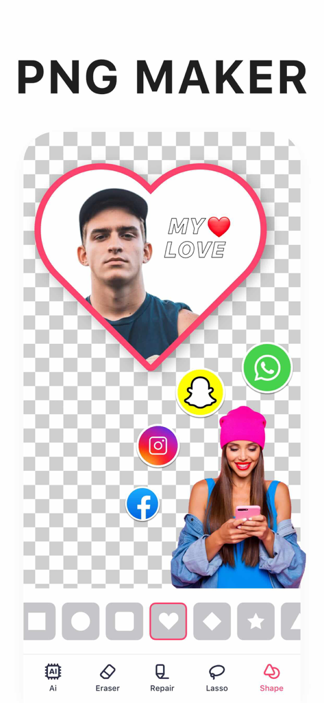 Background Eraser - Remove BG* - App interface showing photo cutouts in shapes for social media stickers on a transparent background.