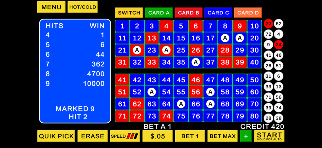 Keno Casino Games - Écran de jeu de casino Keno montrant un plateau de 80 numéros avec des numéros sélectionnés et un tableau des gains