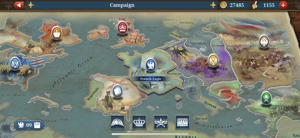 Campaign map interface in European War 6 showing historical regions and factions.