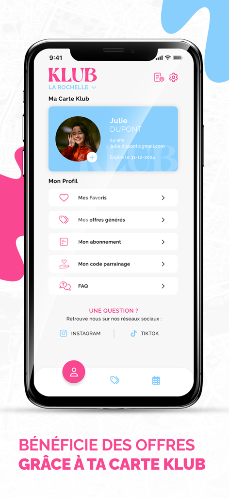 Klub App - Klub App profile interface showing a digital membership card and local discount options for young adults