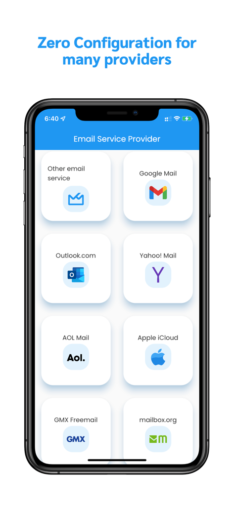 Webmail App - Smartphone screen of Webmail App showing a selection of email service providers including Gmail, Outlook, and Yahoo