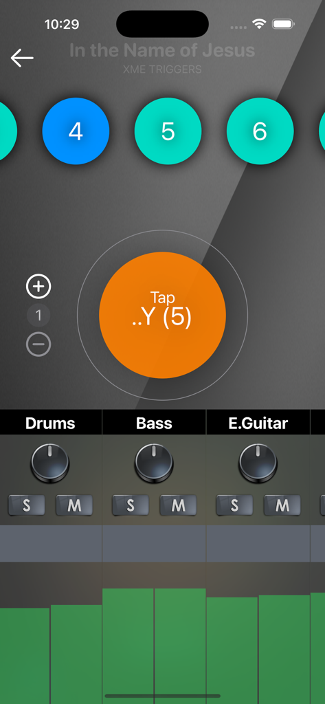XME Triggers mobile app interface showing a live instrument mixer for drums, bass, and guitar with numbered song trigger buttons.