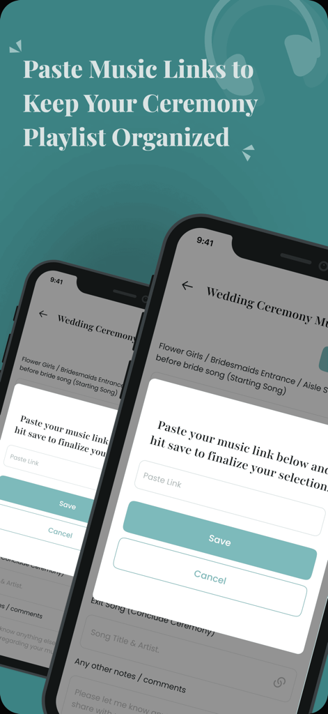 My Wedding Music. - Interfaz de la aplicación Mi Música de Boda mostrando una ventana emergente para pegar enlaces de música para organizar una lista de reproducción de ceremonia