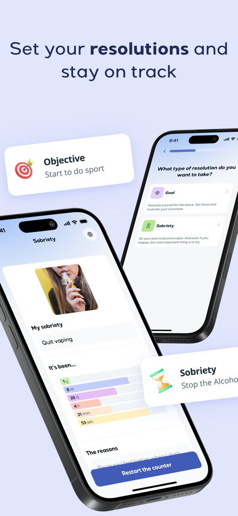 Lyynk - Lyynk App-Bildschirme mit Einstellungen für Vorsätze und einem Nüchternheitszähler zum Aufgeben des Vaping