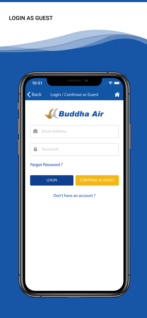 Buddha Air - Pantalla de inicio de sesión de la aplicación Buddha Air con campos de correo electrónico y contraseña y una opción de inicio de sesión como invitado.