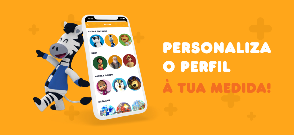 Panda+ - Panda plus mobile app screen showing profile customization and character avatars next to a cartoon zebra mascot