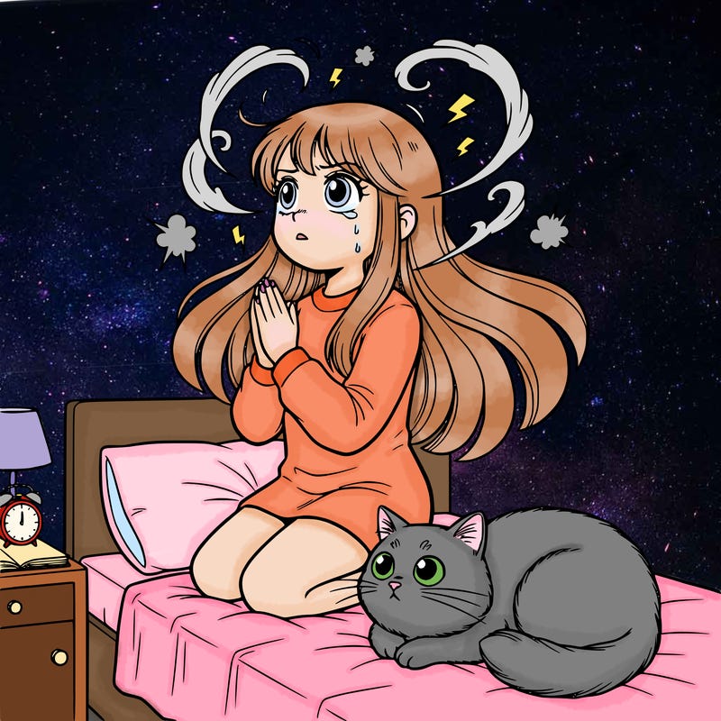 girl sitting on her bed praying because she's overwhelmed by negative thoughts