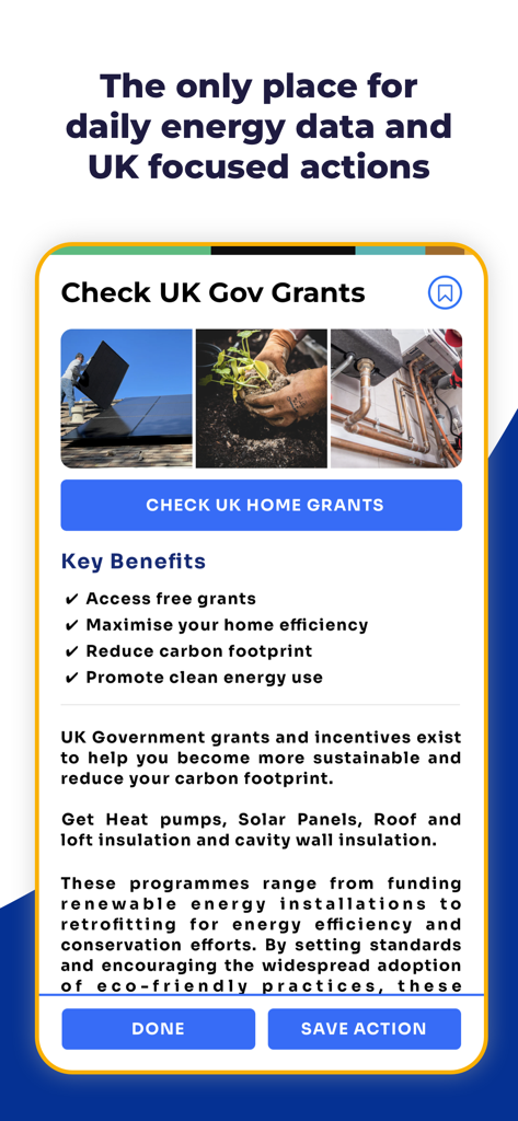 UK Zero: Climate & Energy App - A screenshot of the UK Zero app showing a section on UK government grants for energy efficiency and solar panel installations