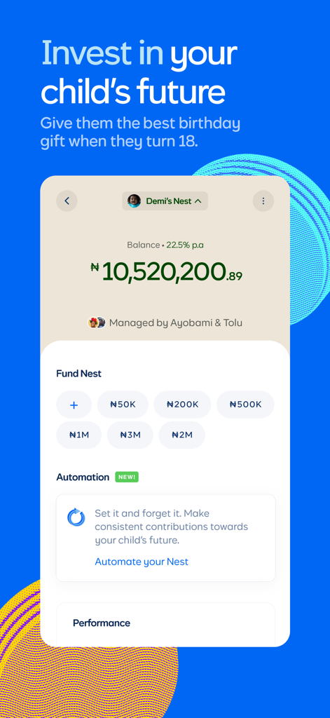 Cowrywise: Save & Invest Money - Cowrywise 모바일 앱 화면, 나이라 잔액과 투자 자동화 옵션이 있는 아동 저축 계좌 표시