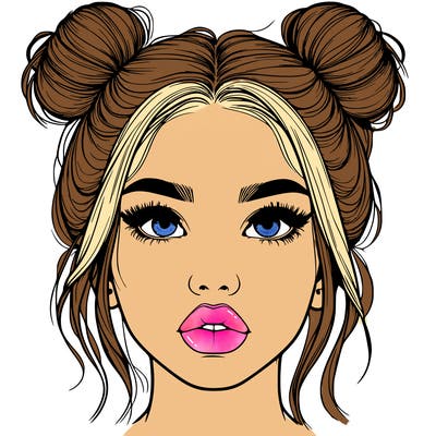 realistic girl with two buns on her hair and lips