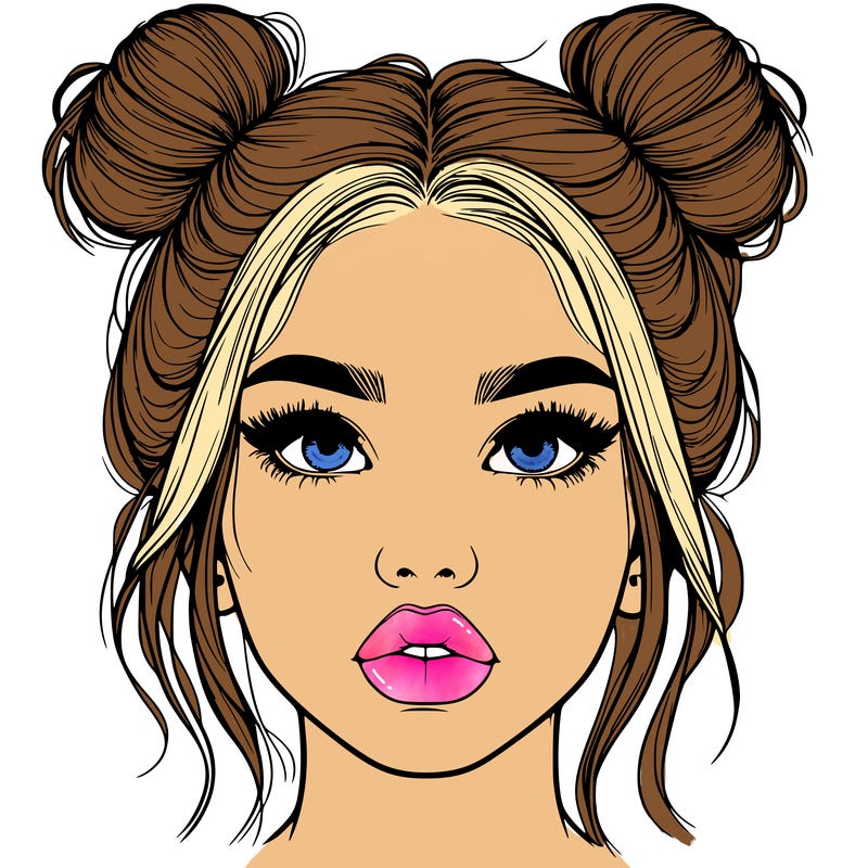 realistic girl with two buns on her hair and lips