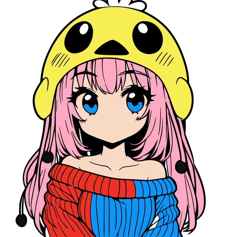 anime girl with chick shaped hat with sweater with bare shoulders with bangs covering them one eye with low tail