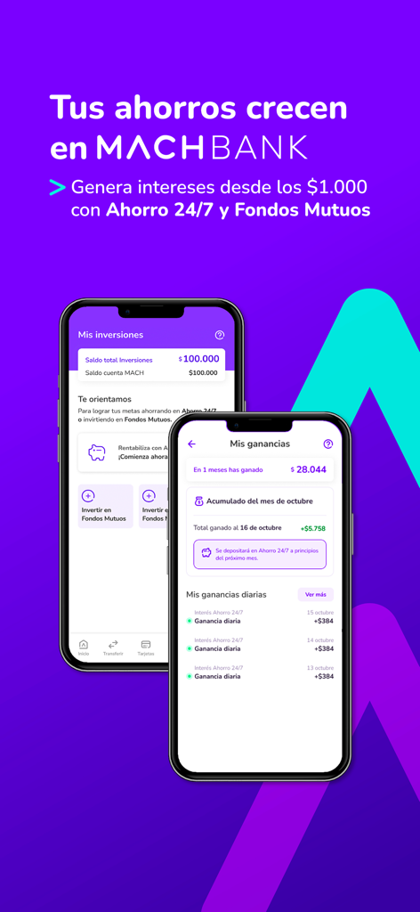 Dos smartphones mostrando la interfaz de la aplicación MACHBANK para el seguimiento de ahorros y ganancias de inversión en español