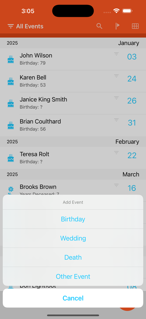 Birthday Boss - Una captura de pantalla de la aplicación Birthday Boss que muestra una lista cronológica de cumpleaños y aniversarios con un menú abierto para añadir nuevos eventos.